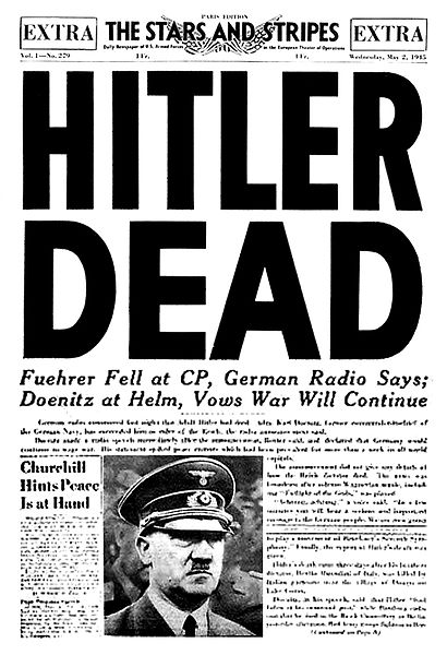 Schlagzeile in der US-Army-Zeitung Stars and Stripes nach Hitlers Tod