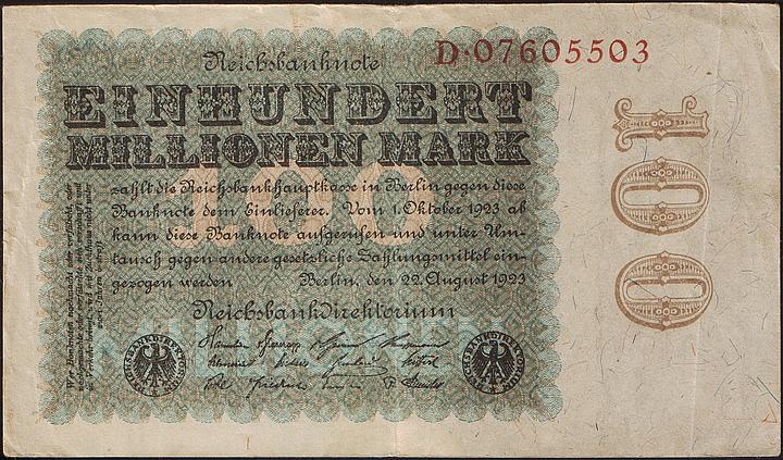 Banknote über Einhundert Millionen Mark, gedruckt im Oktober 1923