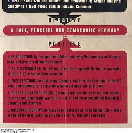 Ein Plakat zeigt die Ziele der USA für das besetzte Deutschland.