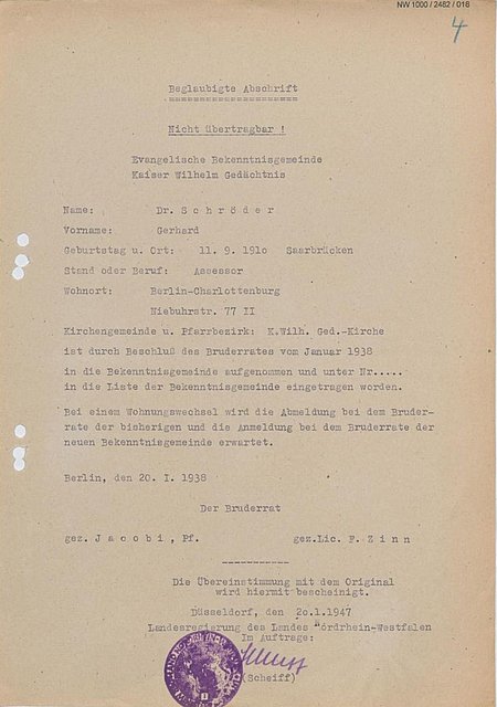 Beglaubigte Abschrift der Bestätigung, dass Gerhard Schröder im Januar 1938 in die Bekennende Kirche aufgenommen wurde, 20. Januar 1947.