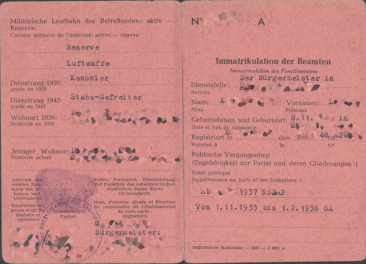 Immatrikulationskarte für einen Beamten in Rheinland-Pfalz