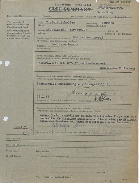 Entscheidung des Entnazifizierungsauschuss vom 22. Februar 1947, Gerhard Schröder in die Kategorie V einzustufen.